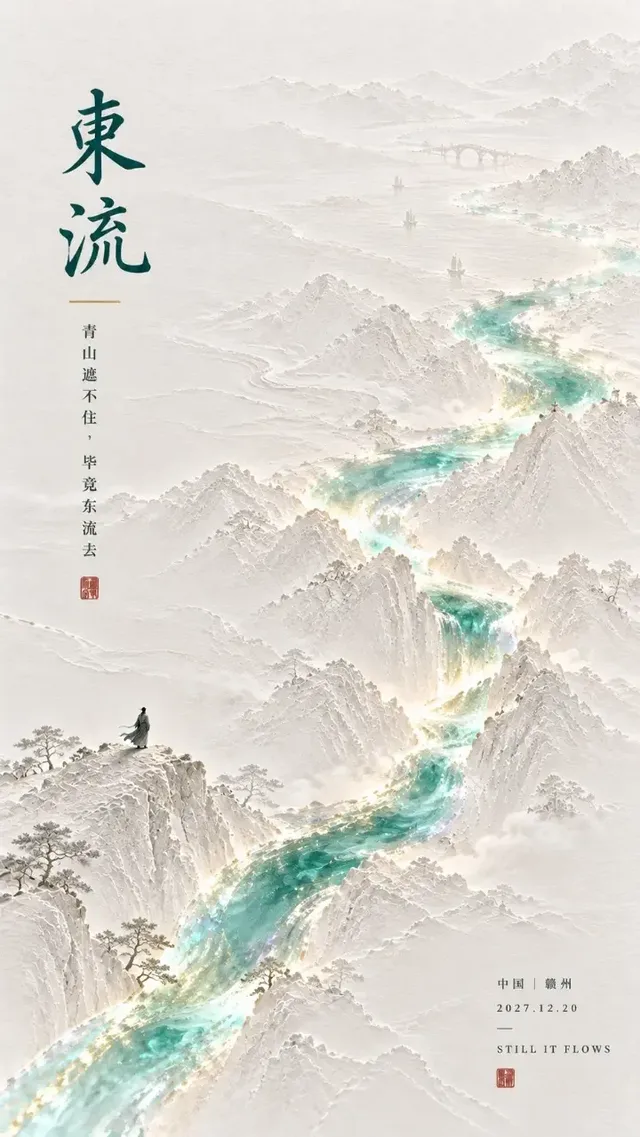 A minimalist 9:16 vertical oriental poster with a large white space, featuring a small subject and subtle flowing light effects on handmade paper with embossed textures.
