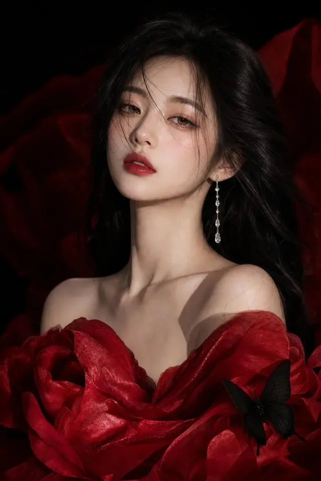 Ultra-photorealistic close-up portrait of a young Asian woman with delicate features, black hair, and a soft makeup look, wearing a dramatic crimson off-shoulder couture dress resembling rose petals. Dramatic lighting highlights her face, neck, and jewelry.