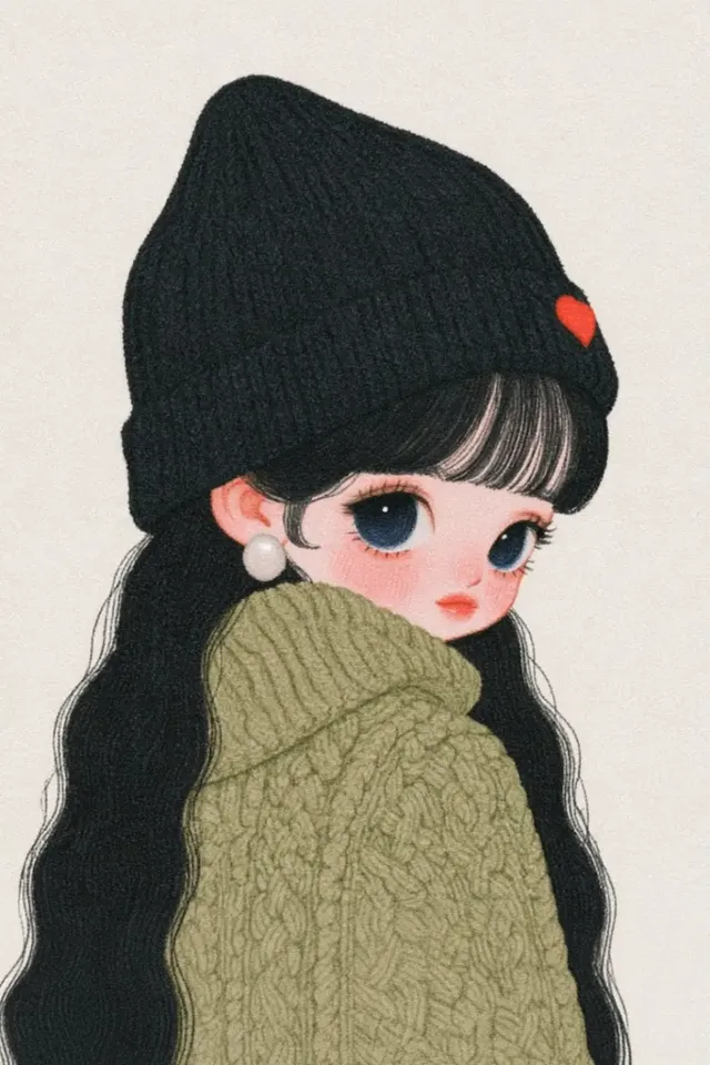Illustration of a young girl with big blue eyes and long black hair, wearing a black beanie with a red heart and a green cable-knit sweater.