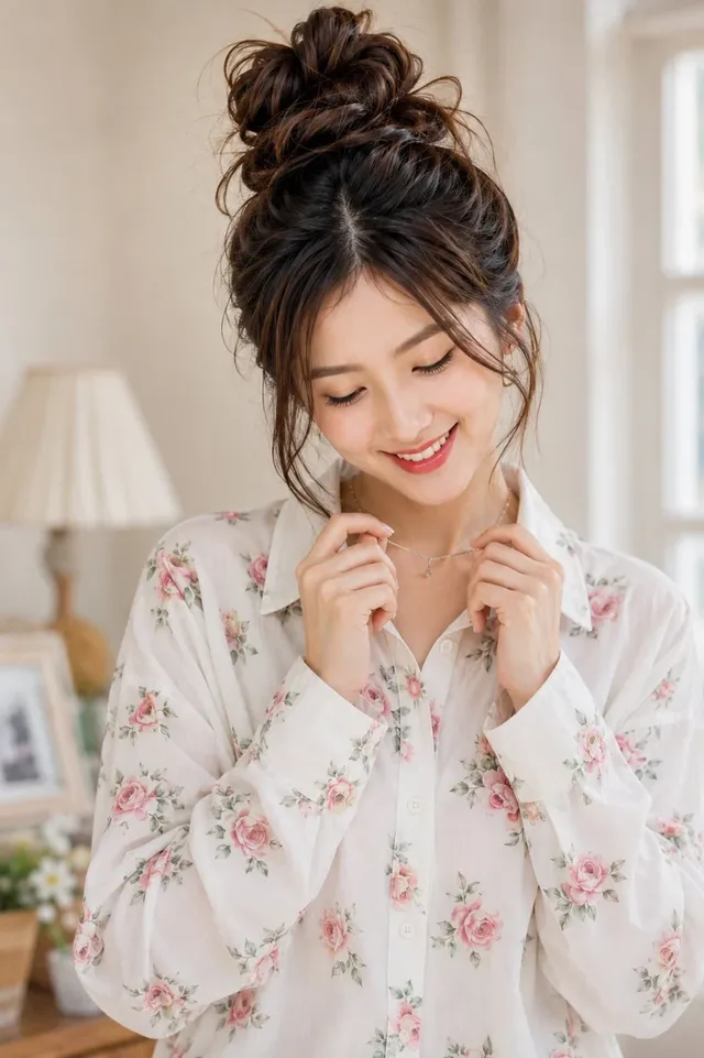 Upper-body portrait of a beautiful young woman with dark hair in a high bun, wearing a white floral print shirt, with a soft, shy smile, holding her collar gently.