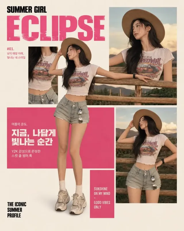A Y2K Korean fashion collage poster with a central image of a young woman in a white graphic tee and denim shorts, surrounded by pink geometric shapes and other photo elements. Text includes 'SUMMER GIRL' and 'ECLIPSE'.