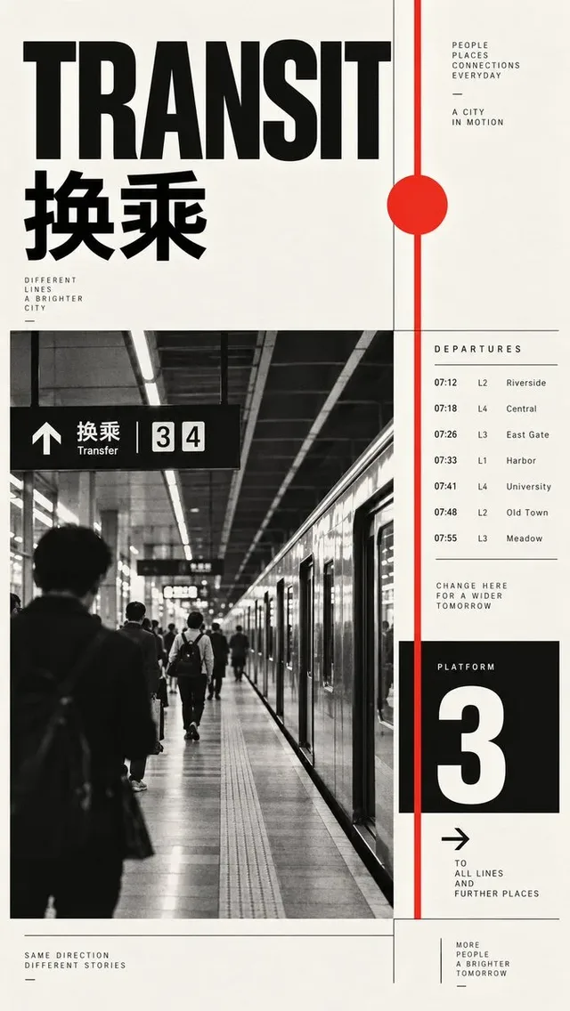Four vertical archive info posters in Swiss international style featuring black and white photography, grid layouts, and red accent elements.