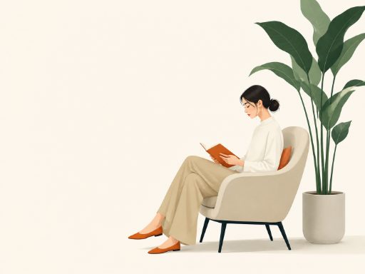 Minimalist illustration on an off-white background: a woman with her hair in a bun sits in an armchair reading, with a large-leafed potted plant on the right