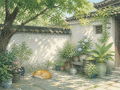 Poetic Eastern illustration: a Jiangnan courtyard with white walls and dark tiles, tree shadows on the ground, flower pots by the wall, and an orange cat napping on the flagstones
