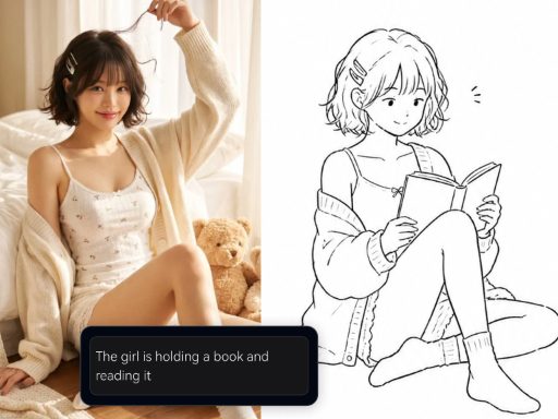 Micro-dot illustration comparison: on the left, a photo of a girl sitting on the edge of a bed; on the right, a black-and-white pen doodle line drawing of the same pose, with an English caption bubble