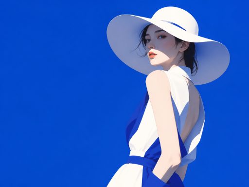 Color-block fashion illustration against a royal blue background: a woman in a wide-brimmed white hat and a blue-and-white color-block dress glances back over her shoulder