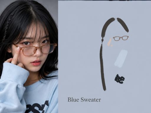 Abstract image notes: on the left, a photo of a girl wearing glasses and a light blue sweater; on the right, a gray-blue panel with a few strokes sketching her hair, glasses, and collar, and the short English title Blue Sweater below