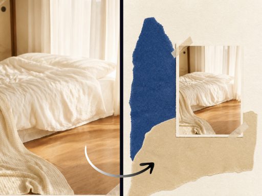 Real-scene memory collage comparison: on the left, a photo of a bedroom; on the right, a paper collage of the same scene—torn blue and sand-colored paper pieces, with a shrunken copy of the original photo taped in the middle