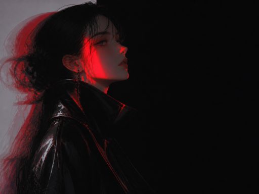 Dark fashion illustration: the profile of a woman in a black leather jacket against a dark background, outlined by a red rim light