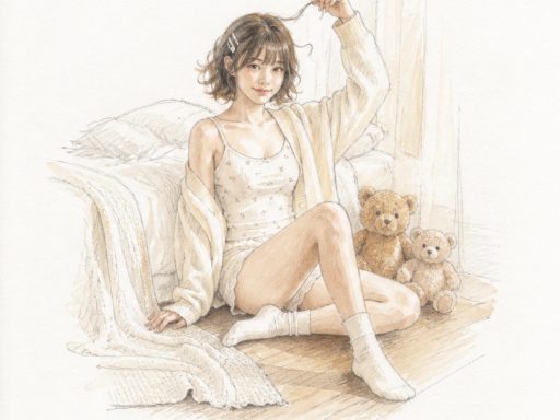 Photo reborn as a hand drawing: a pencil-and-watercolor illustration of a girl sitting on the floor beside a bed, with two teddy bears next to her